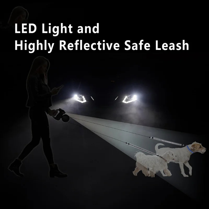 Retractable Dual Doggie Leash with LED Light, 360 Swivel No Tangle for Each Dog Independent Braking with 3M Reflective Leads